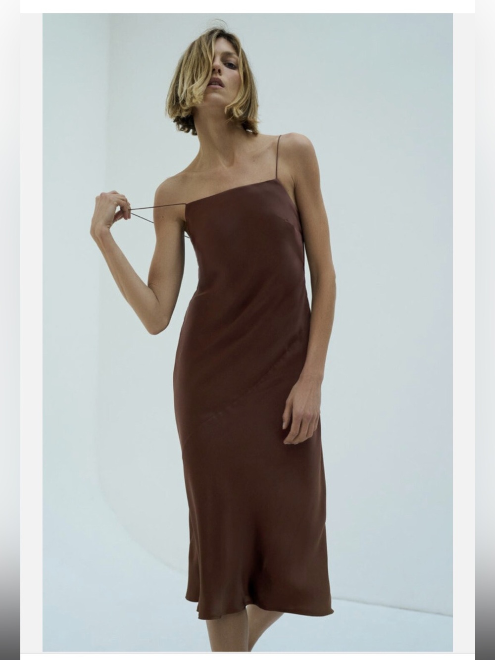 NWT: Zara Mulberry Silk 100%- Brown Slip Midi Dress in Sz: Large